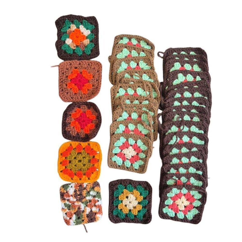 Vintage-Style Crochet Granny Squares Lot – Earthy Tones (Mix of 3.5"-5") : 58 co